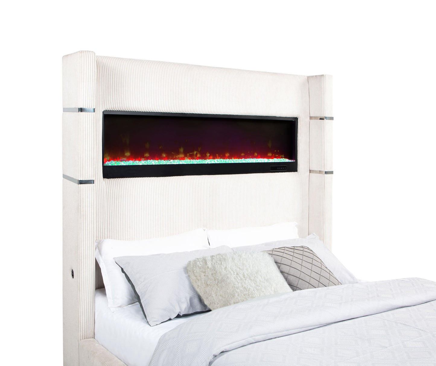 Cama Tisdall tapizada con visualizador de llamas