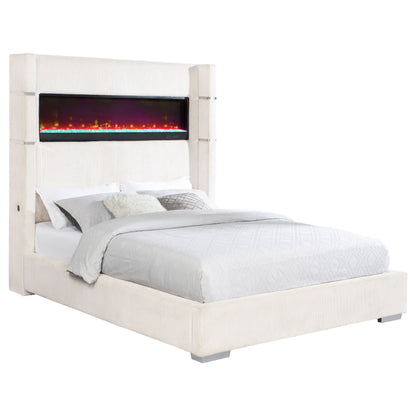 Cama Tisdall tapizada con visualizador de llamas