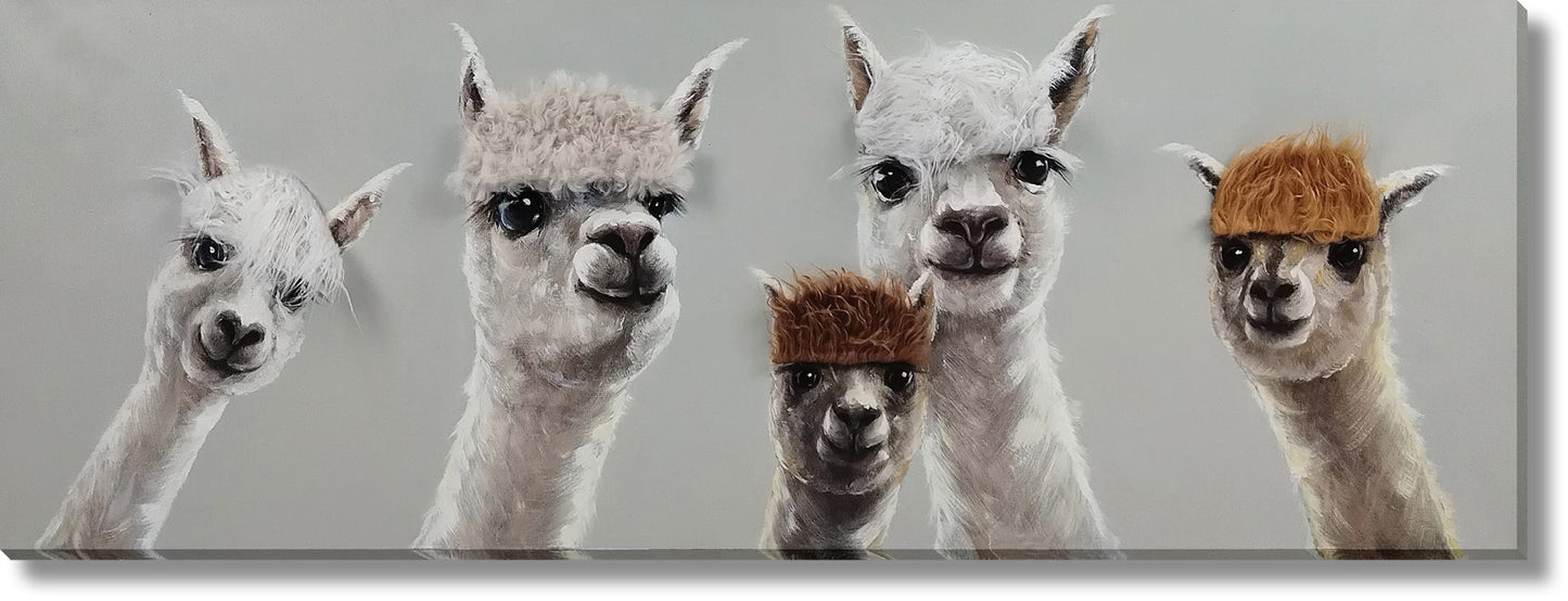 ''Llama Squad with Quirky Bangs'' Hand-painted Canvas w/ Hair