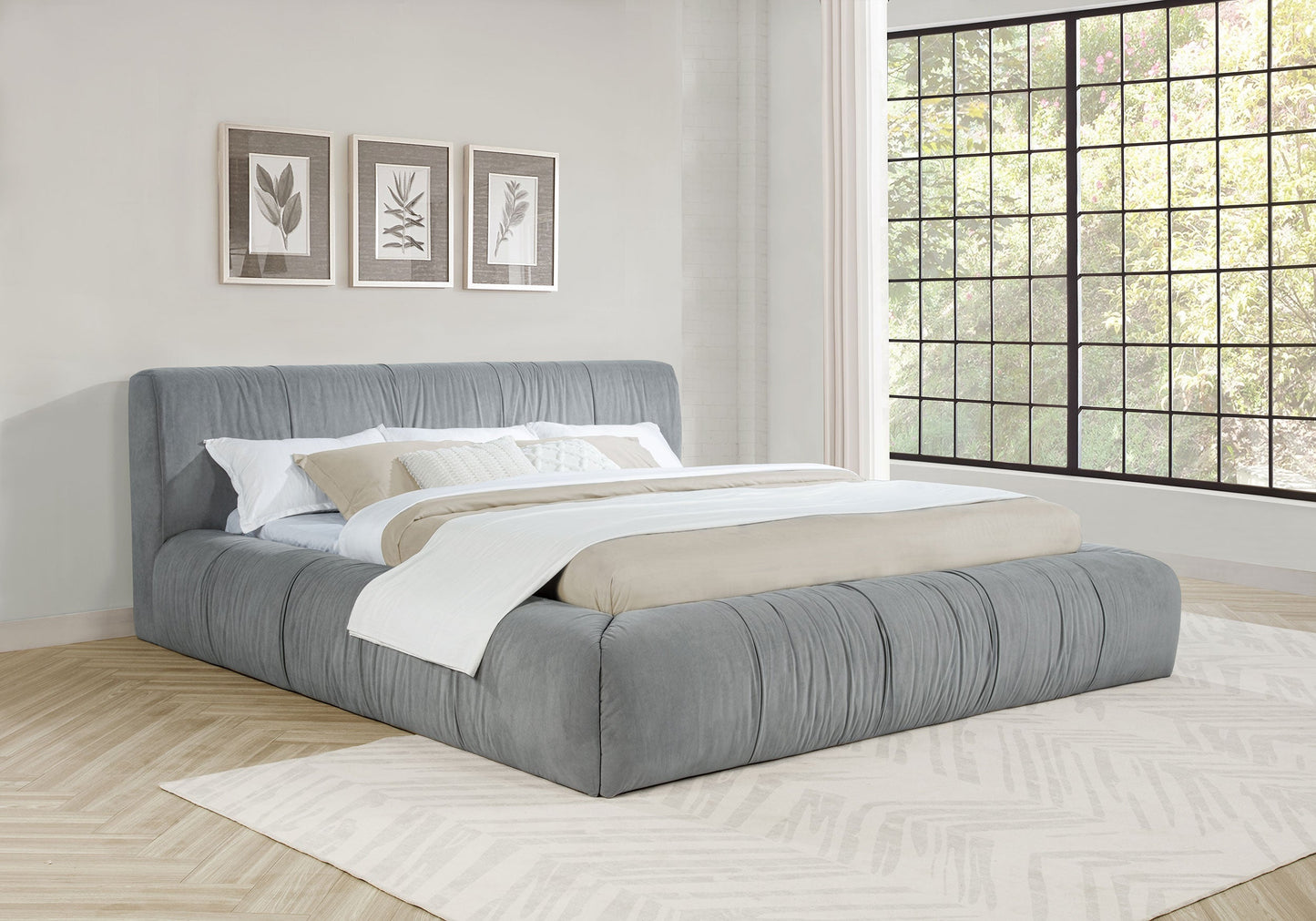 Cama de plataforma tapizada Wilshire gris
