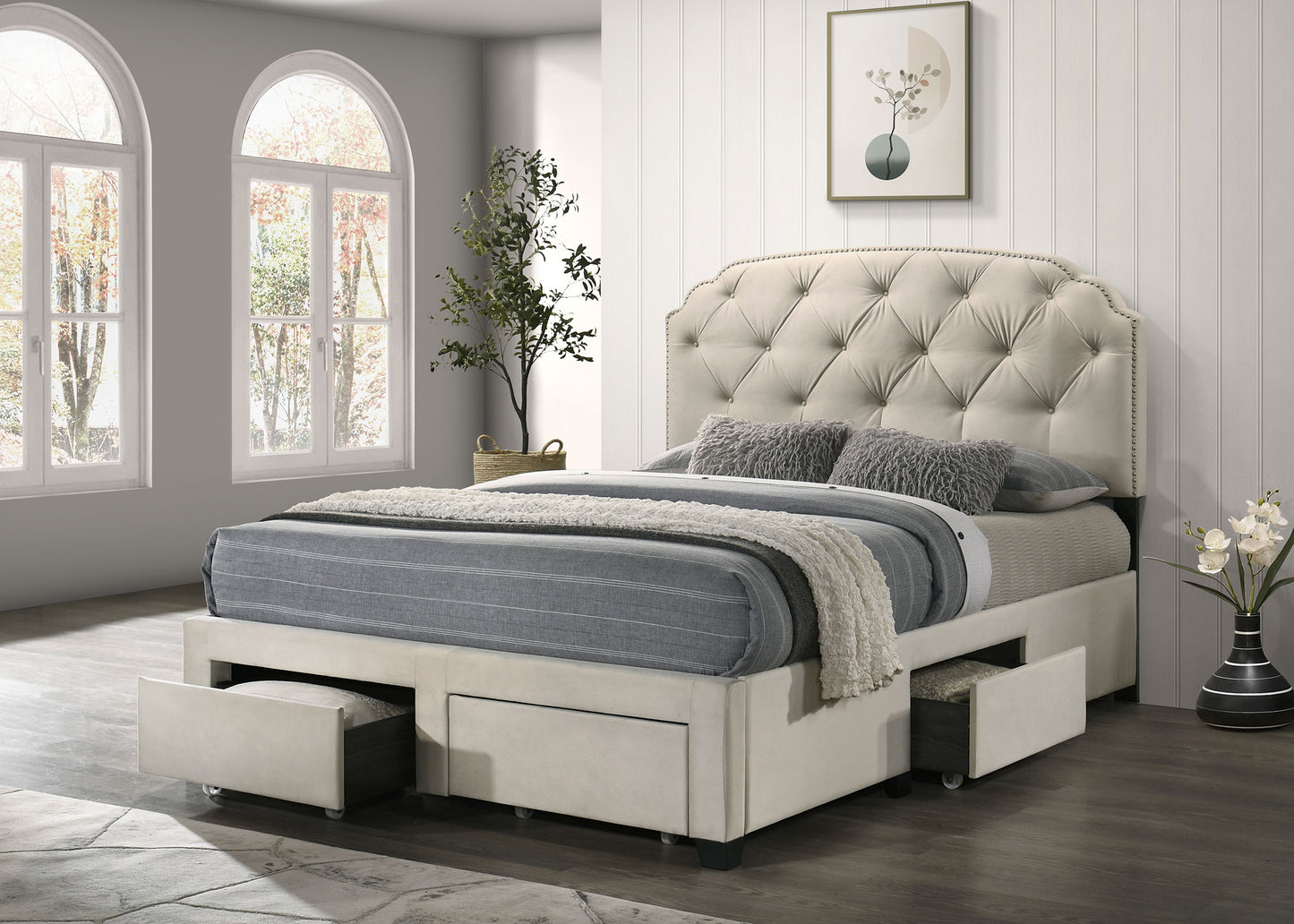 Marianna 4-drawer Upholstered Storage Bed Cream