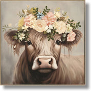 ''Blossom Crowned Cow'' Hand-painted Canvas w/ Flowers