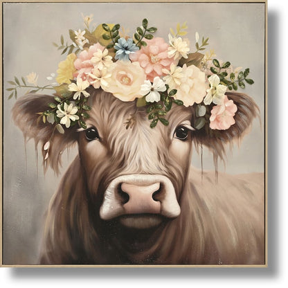 ''Blossom Crowned Cow'' Hand-painted Canvas w/ Flowers