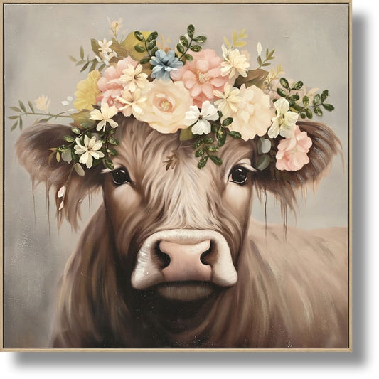 ''Blossom Crowned Cow'' Hand-painted Canvas w/ Flowers
