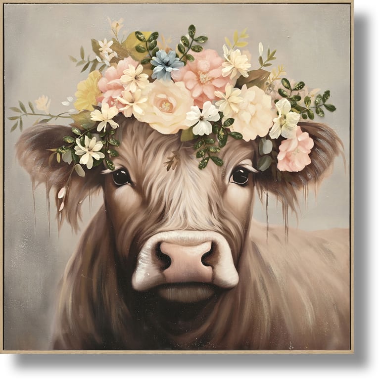 ''Blossom Crowned Cow'' Hand-painted Canvas w/ Flowers
