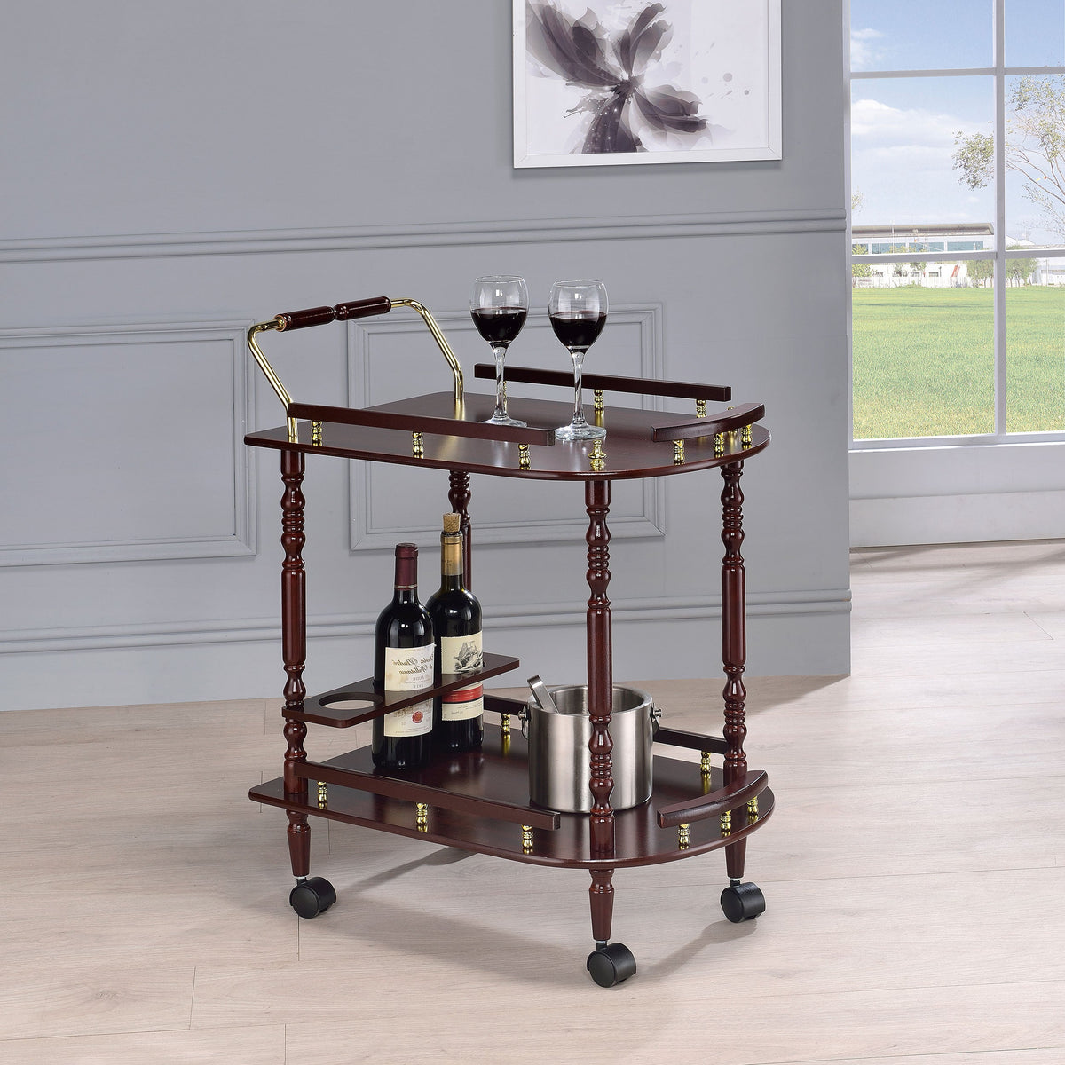 Carrito de bar rectangular de madera de dos niveles Palmer Merlot
