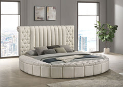 Cama redonda tapizada Sonya con almacenaje en color marfil
