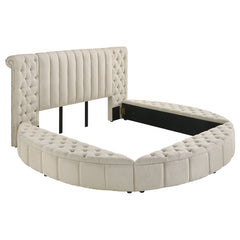 Cama redonda tapizada Sonya con almacenaje en color marfil
