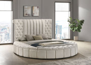 Cama redonda tapizada Sonya con almacenaje en color marfil