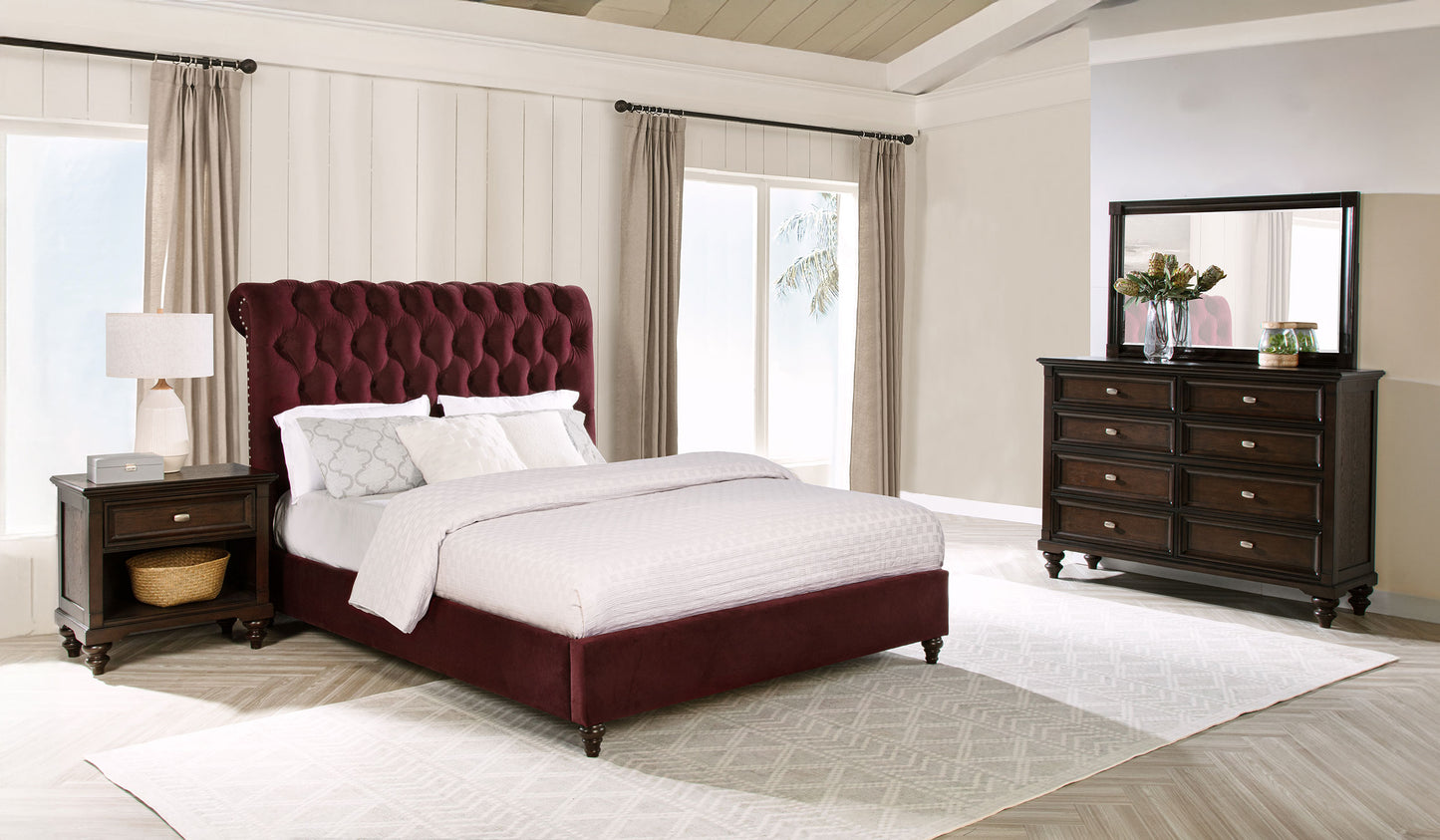 Devon  Bedroom Set Wine Red and Dark Oak