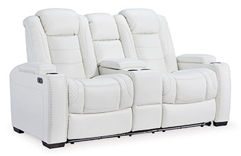 Party Time White Power Reclining Loveseat with Console