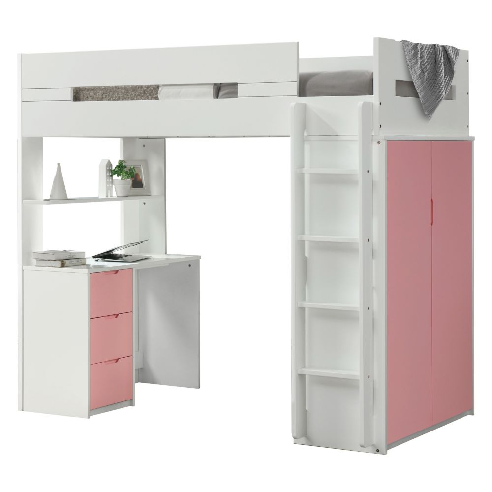 Cama alta individual Nerice de 198 cm con escritorio y armario