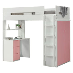 Cama alta individual Nerice de 198 cm con escritorio y armario