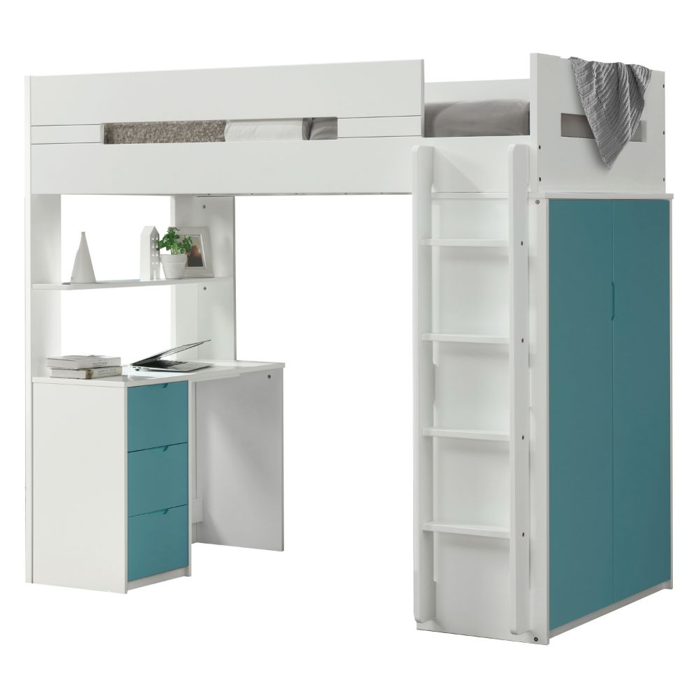 Cama alta individual Nerice de 198 cm con escritorio y armario
