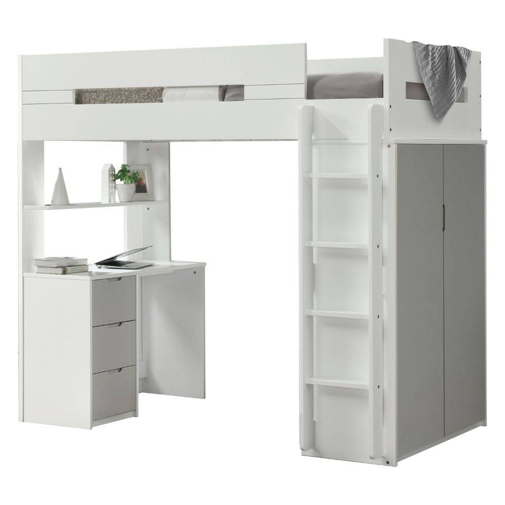 Cama alta individual Nerice de 198 cm con escritorio y armario