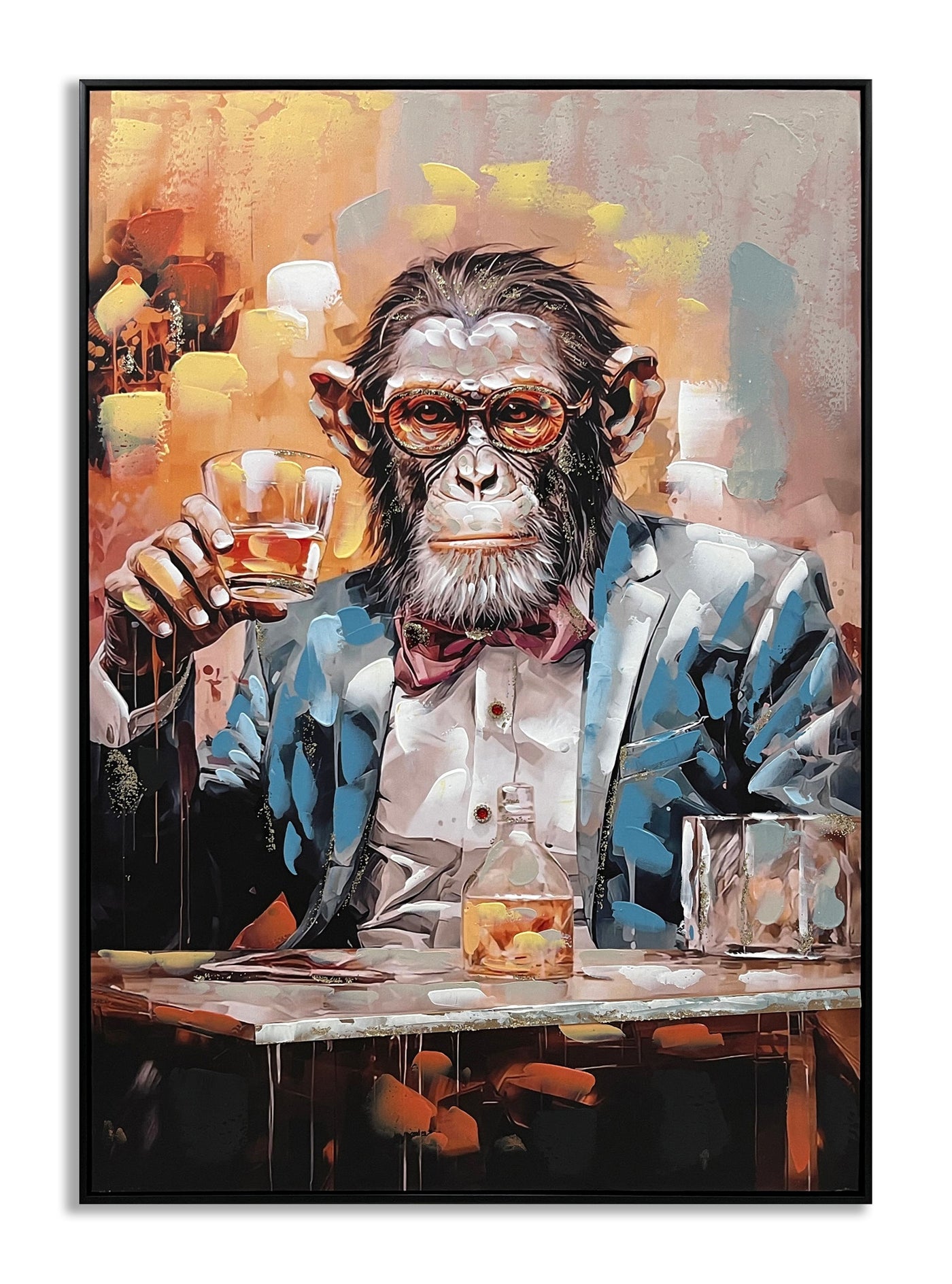 ''Chimp with Cocktail I'' Hand-painted Canvas in Frame