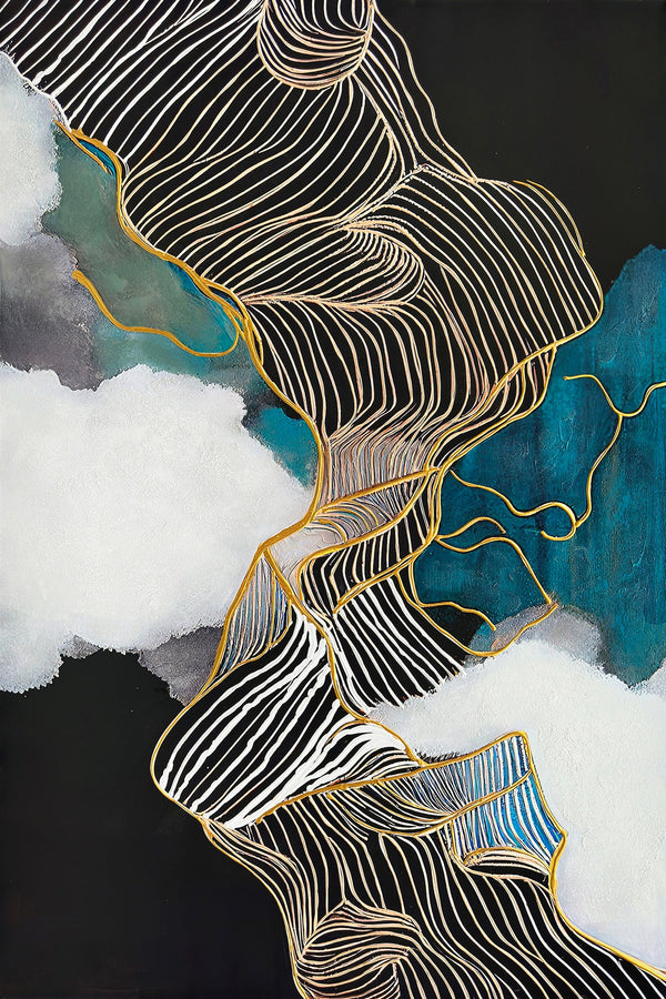 ''Golden Currents Abstract Flow'' Hand-painted Wrapped Canvas