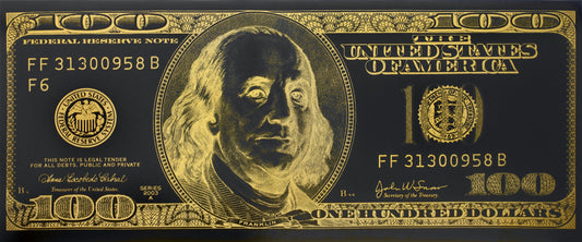 ''Gilded Franklin Luxe Hundred Dollar Bill'' Hand-painted Gloss Canvas