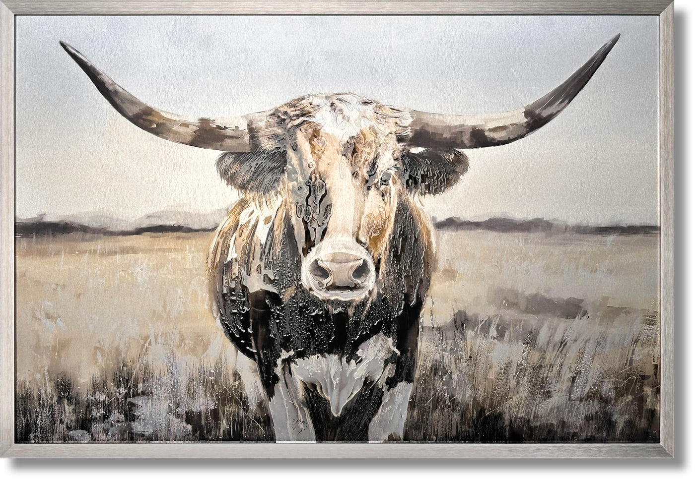 ''Western Longhorn Mixed Media Art'' Brushed Aluminum in Frame