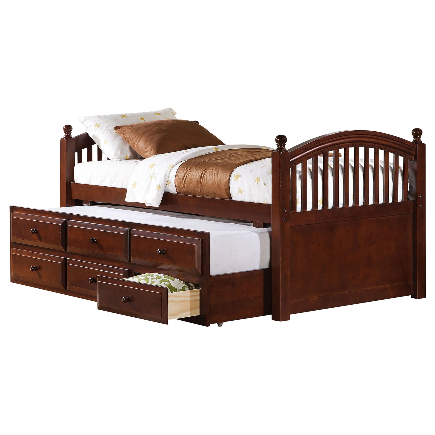 Cama Norwood de 3 cajones con cama nido Captains en castaño