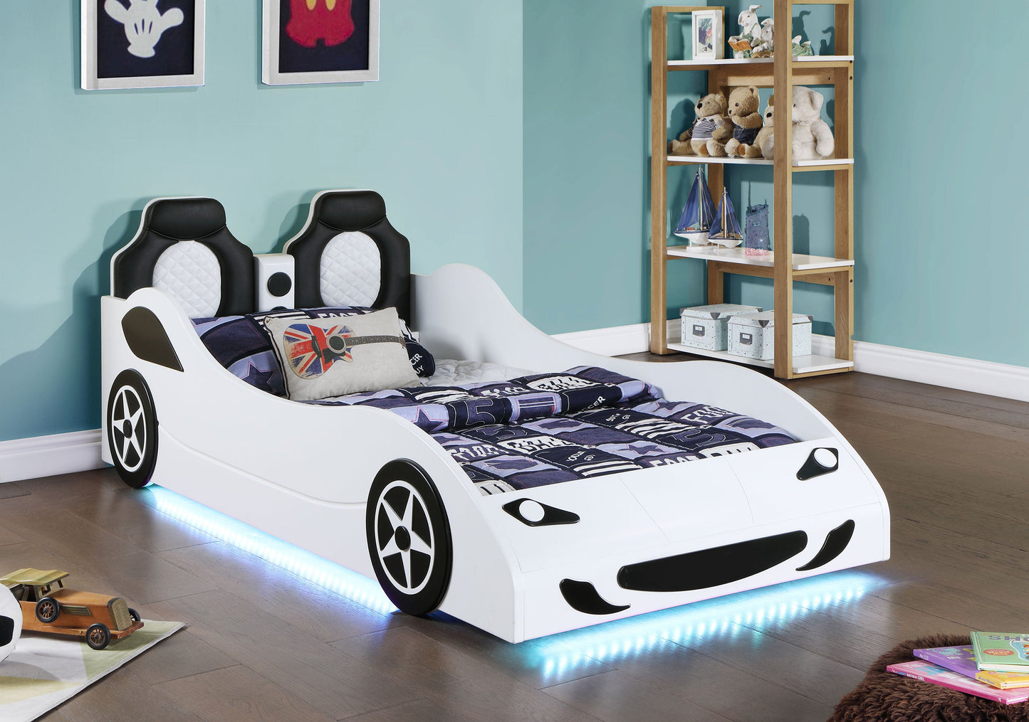Cruiser Wood LED Race Car Bed and 7-inch Mattress Blue