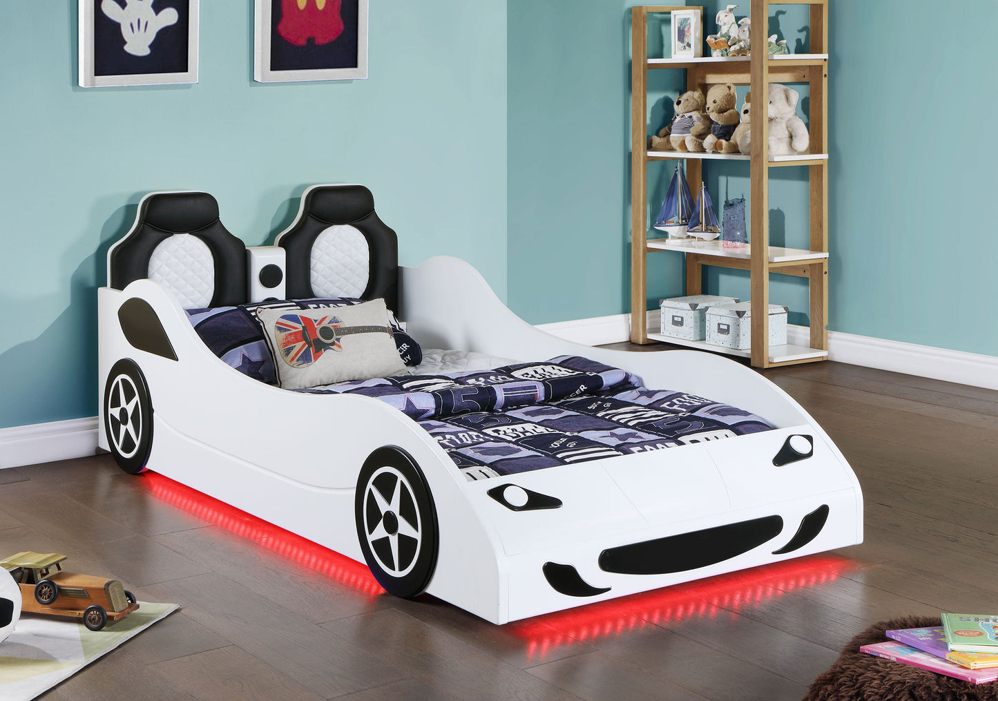 Cruiser Wood LED Race Car Bed and 7-inch Mattress Blue