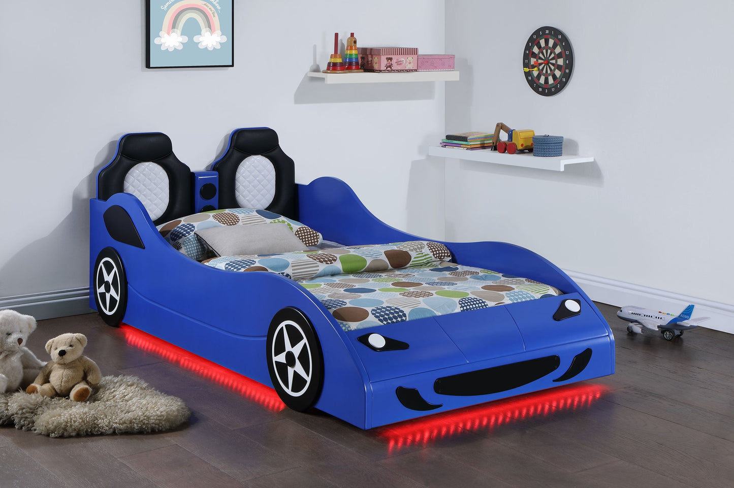 Cruiser Wood LED Race Car Bed and 7-inch Mattress Blue