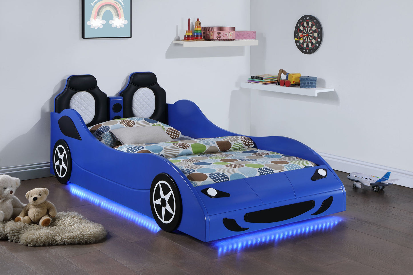 Cruiser Wood LED Race Car Bed and 7-inch Mattress Blue
