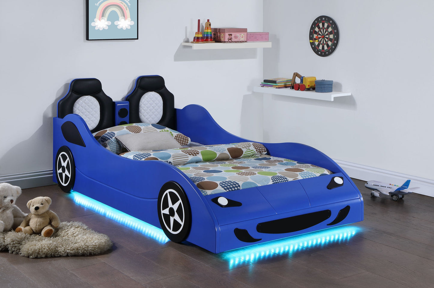 Cruiser Wood LED Race Car Bed and 7-inch Mattress Blue