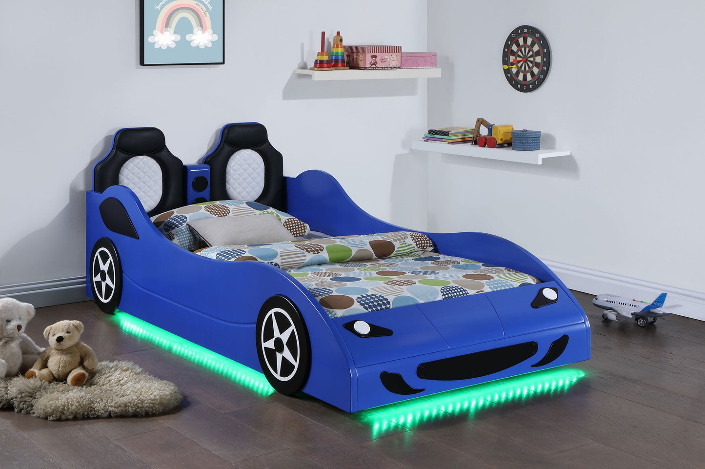 Cruiser Wood LED Race Car Bed and 7-inch Mattress Blue