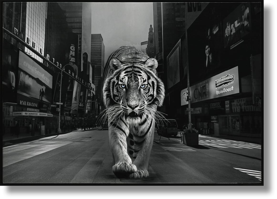 ''Urban Jungle: Majestic Tiger in Times Square'' Gloss Canvas w/ Glitter in Frame