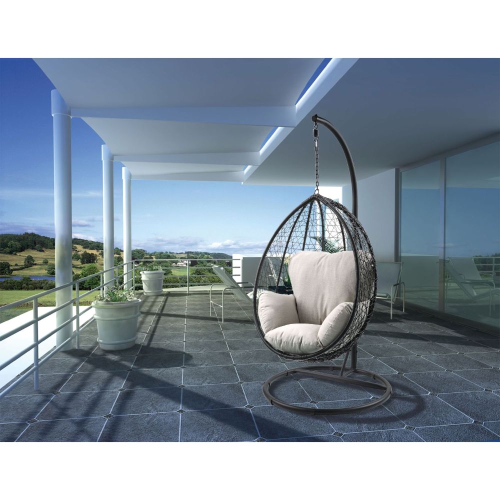 Simona Hanging Chair - Beige Fabric & Black Wicker