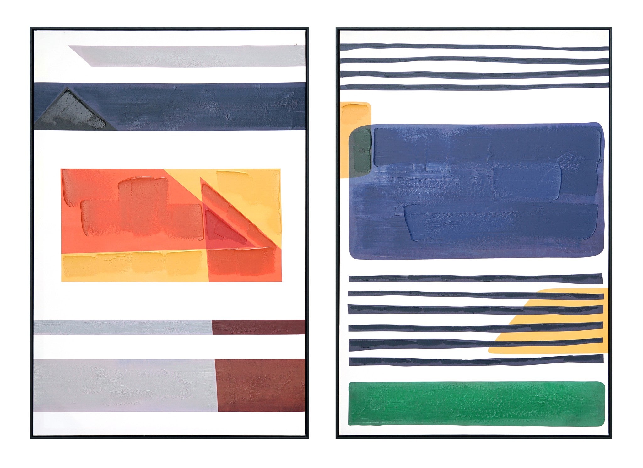 ''Geometric Color Harmony Diptych'' Hand-painted Canvas in Frame (set)