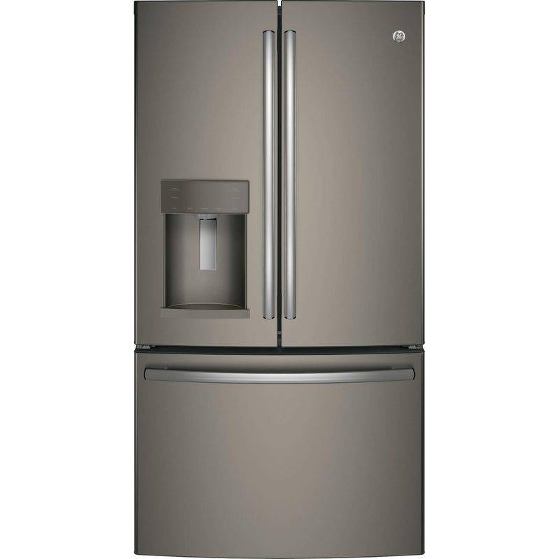 GE 36-inch, 27.8 cu.ft. Freestanding French 3-Door Refrigerator with Ice and Water Dispensing System GFE28GMKES