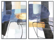 ''Midnight Drift: Blue & Gold Abstract Diptych'' Hand-painted Canvas in Frame (set)