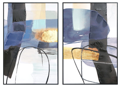 ''Midnight Drift: Blue & Gold Abstract Diptych'' Hand-painted Canvas in Frame (set)