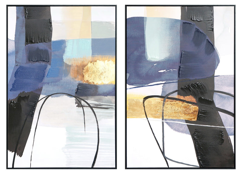 ''Midnight Drift: Blue & Gold Abstract Diptych'' Hand-painted Canvas in Frame (set)