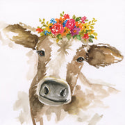 ''Floral Crown Watercolor Cow'' Printed Wrapped Canvas