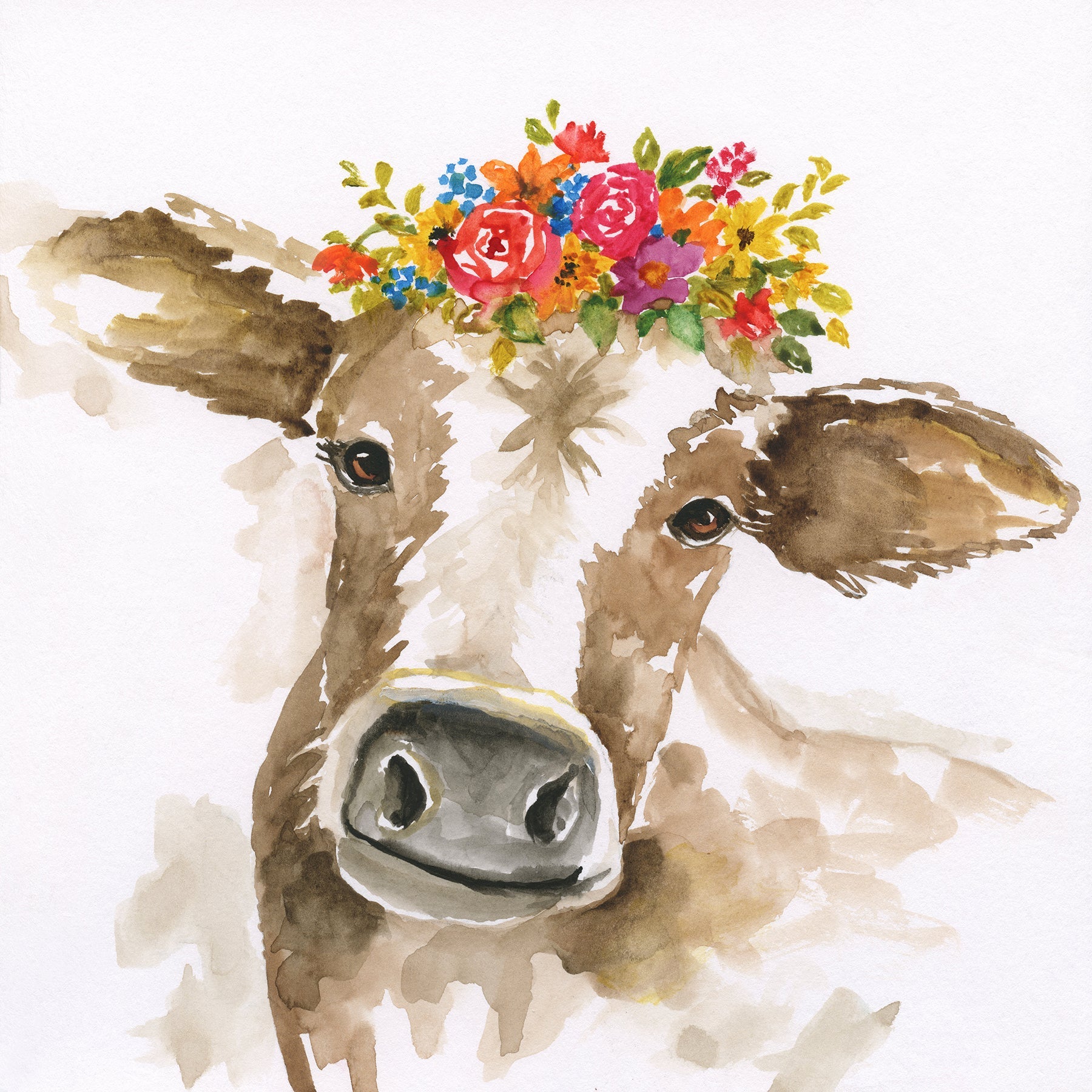 ''Floral Crown Watercolor Cow'' Printed Wrapped Canvas