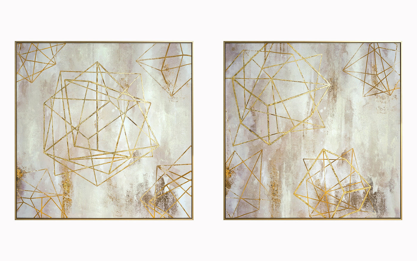 ''Golden Geometric Harmony Duo'' Hand-painted Canvas in Frame (set)