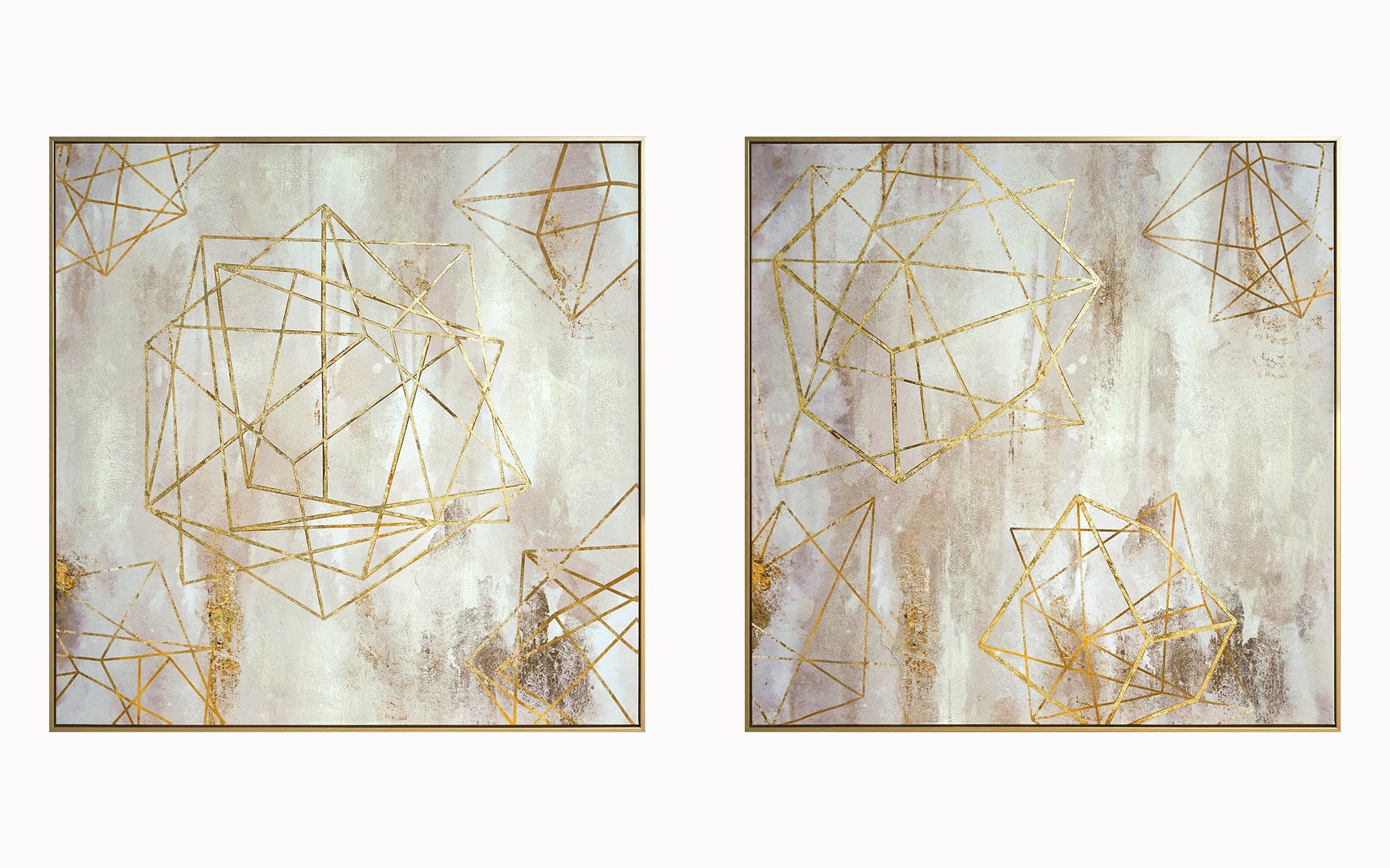 ''Golden Geometric Harmony Duo'' Hand-painted Canvas in Frame (set)