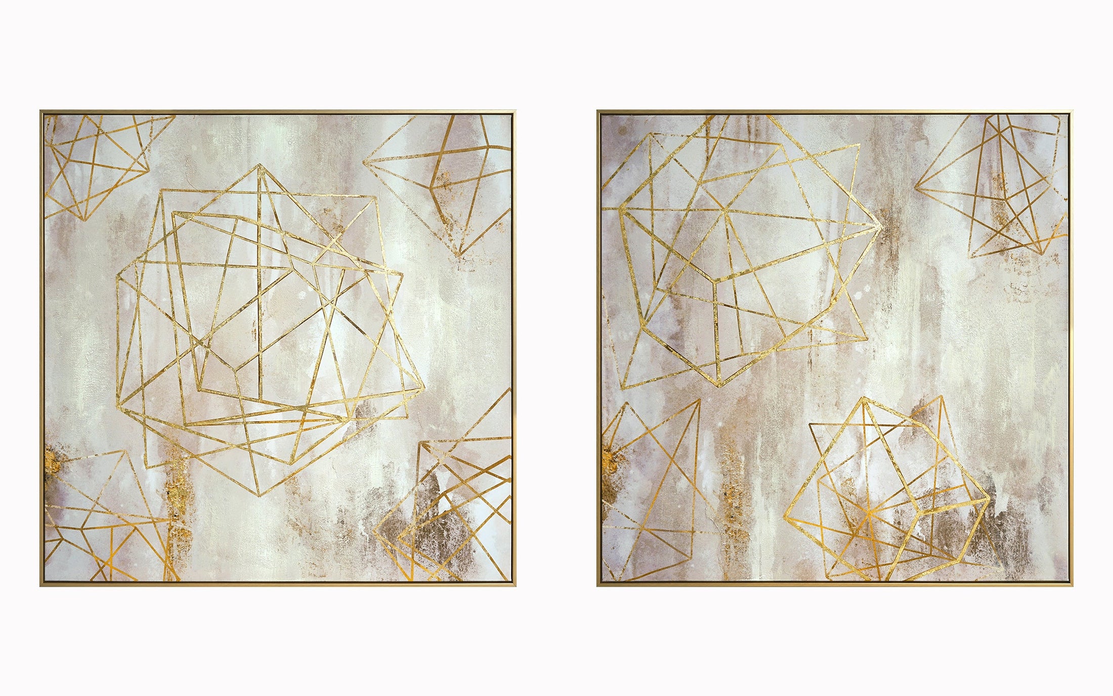 ''Golden Geometric Harmony Duo'' Hand-painted Canvas in Frame (set)