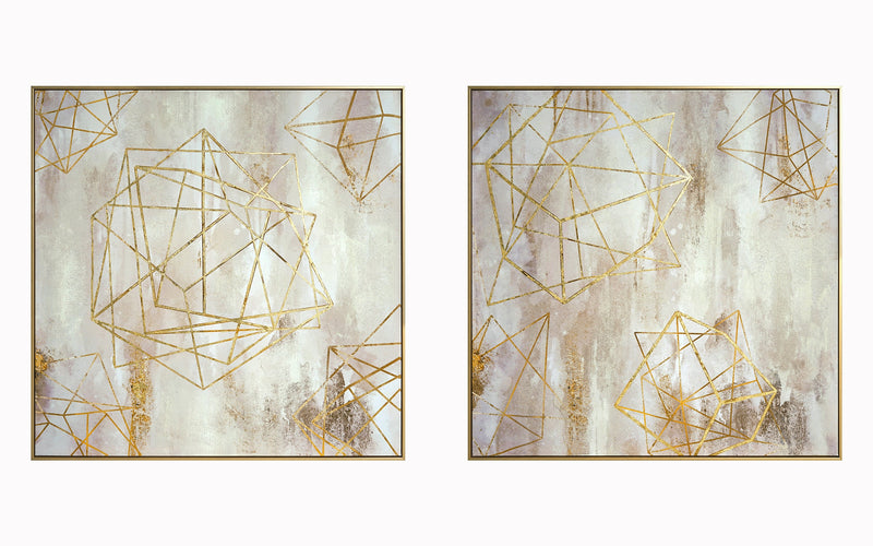 ''Golden Geometric Harmony Duo'' Hand-painted Canvas in Frame (set)