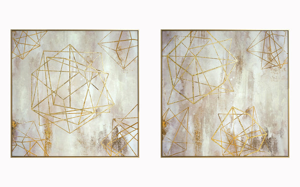 ''Golden Geometric Harmony Duo'' Hand-painted Canvas in Frame (set)