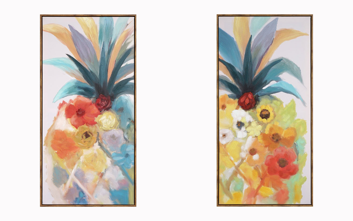 ''Tropical Pineapple Blossom Duo'' Hand-painted Canvas in Frame (set)