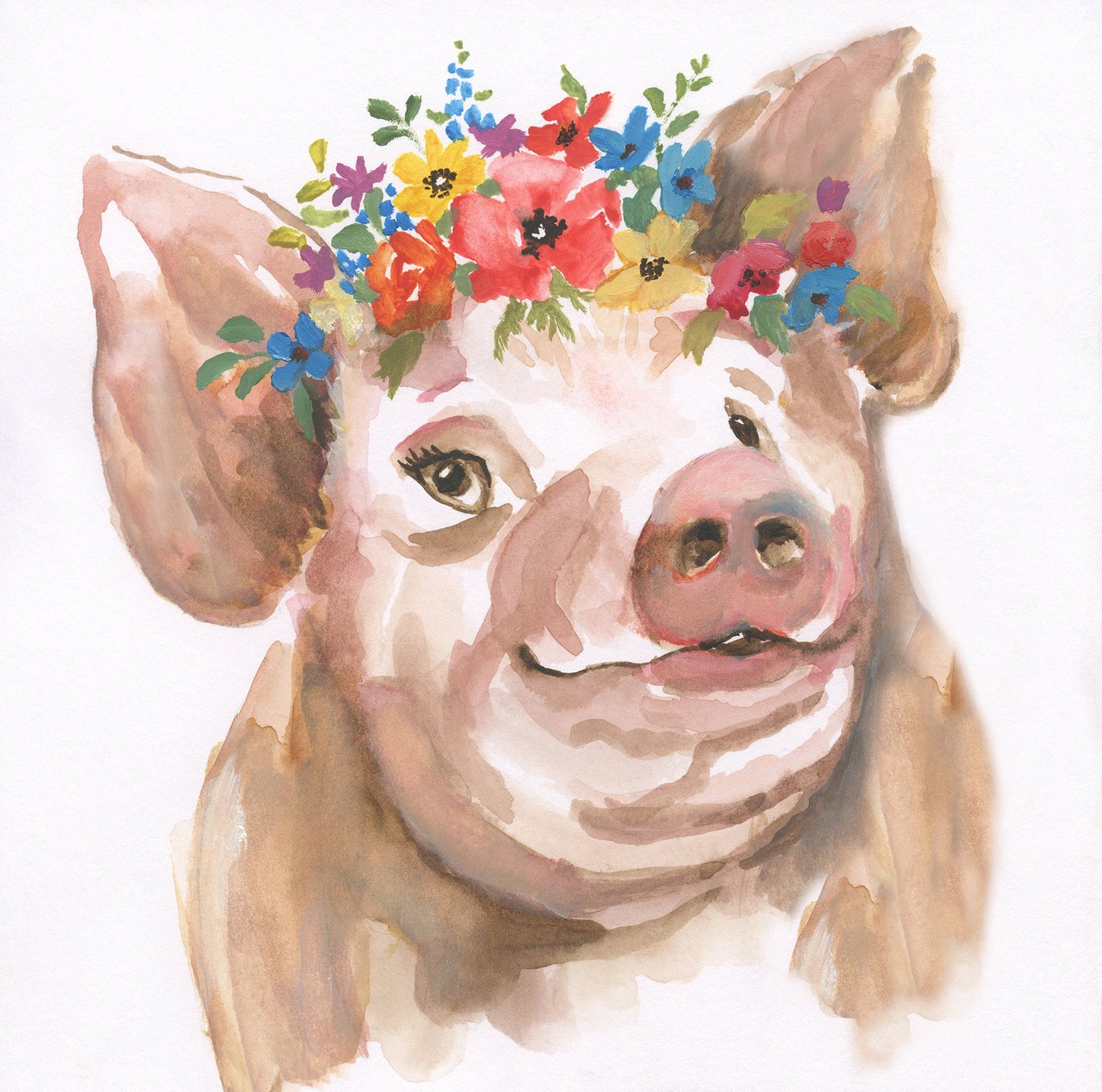 ''Blossom Crowned Piglet Watercolor'' Printed Wrapped Canvas