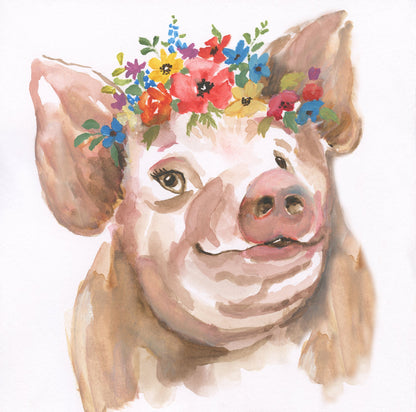 ''Blossom Crowned Piglet Watercolor'' Printed Wrapped Canvas