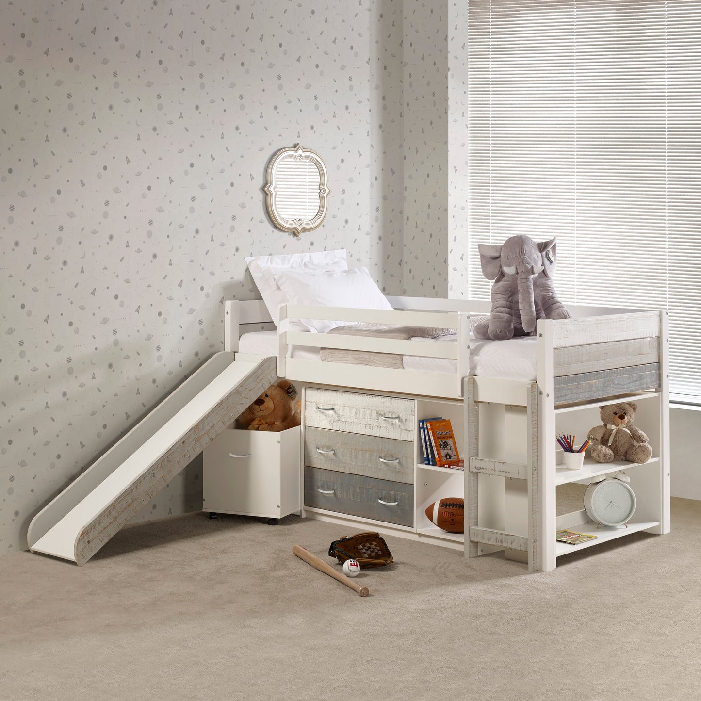 Panel Rustic White & Grey Modular Low Loft with Slide & Storage