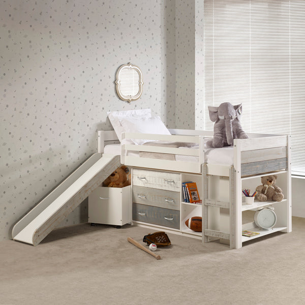 Panel Rustic White & Grey Modular Low Loft with Slide & Storage