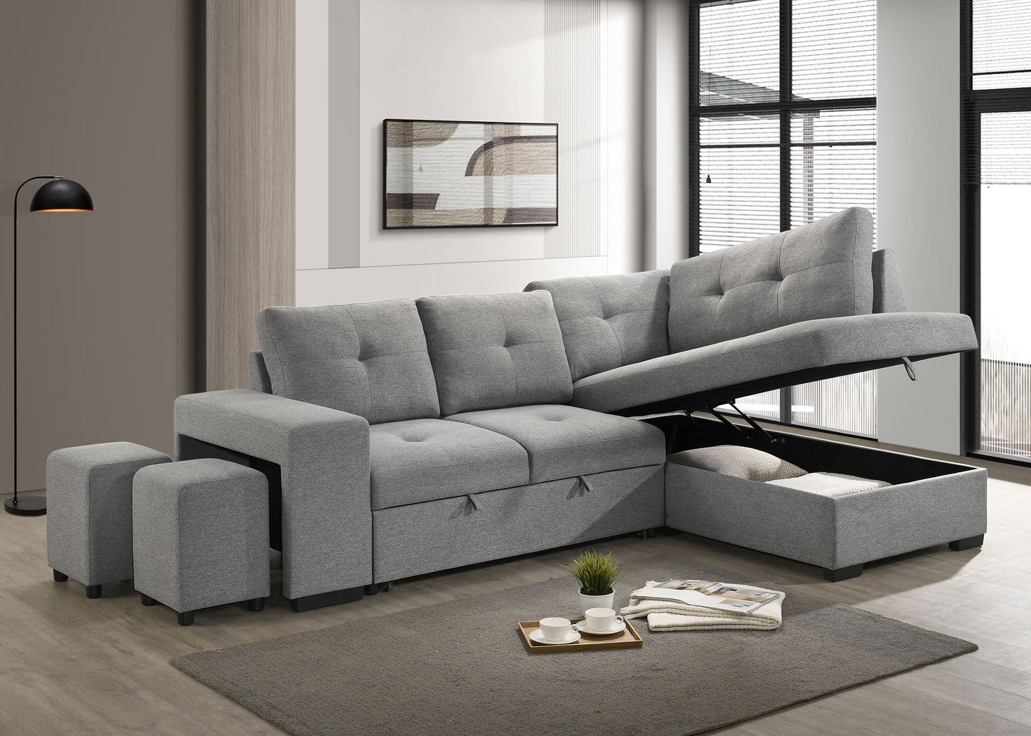 Roanne Fabric Upholstered Sleeper Sectional Sofa Grey